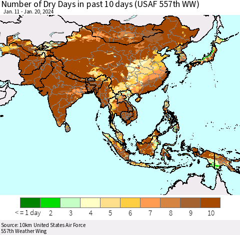 Asia Number of Dry Days in past 10 days (USAF 557th WW) Thematic Map For 1/16/2024 - 1/20/2024