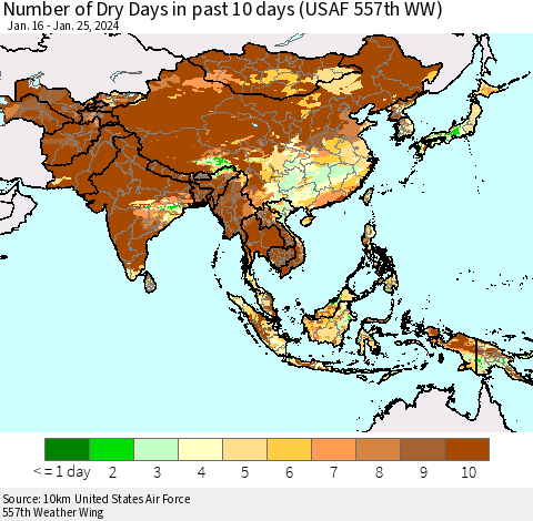 Asia Number of Dry Days in past 10 days (USAF 557th WW) Thematic Map For 1/21/2024 - 1/25/2024