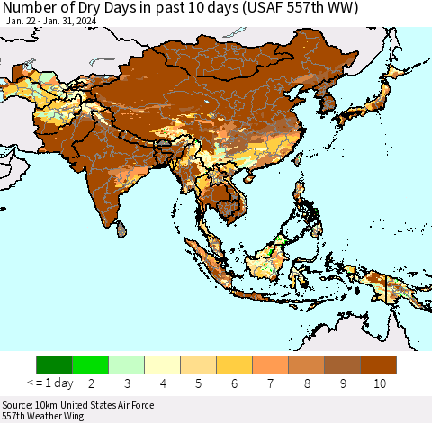 Asia Number of Dry Days in past 10 days (USAF 557th WW) Thematic Map For 1/26/2024 - 1/31/2024