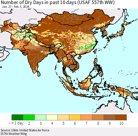 Asia Number of Dry Days in past 10 days (USAF 557th WW) Thematic Map For 2/1/2024 - 2/5/2024