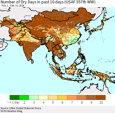 Asia Number of Dry Days in past 10 days (USAF 557th WW) Thematic Map For 2/6/2024 - 2/10/2024