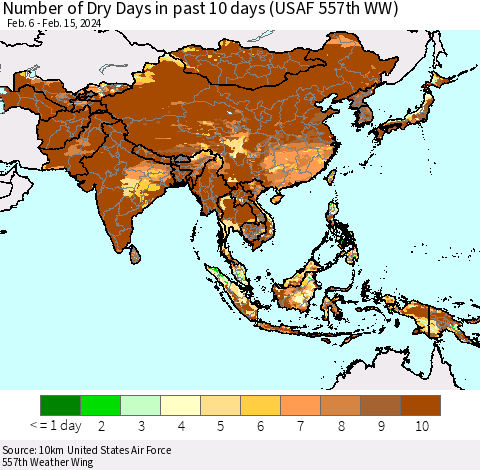 Asia Number of Dry Days in past 10 days (USAF 557th WW) Thematic Map For 2/11/2024 - 2/15/2024