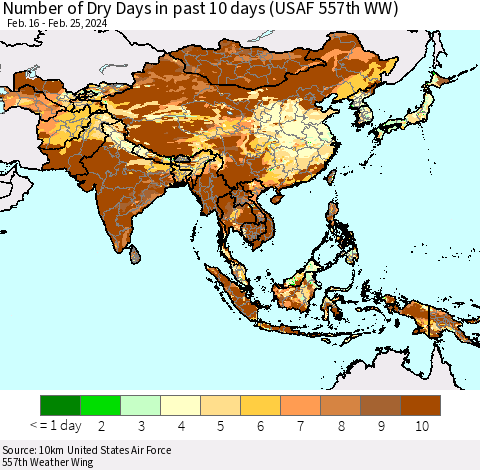 Asia Number of Dry Days in past 10 days (USAF 557th WW) Thematic Map For 2/21/2024 - 2/25/2024