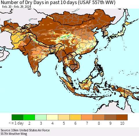 Asia Number of Dry Days in past 10 days (USAF 557th WW) Thematic Map For 2/26/2024 - 2/29/2024