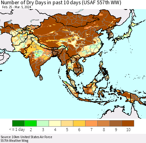 Asia Number of Dry Days in past 10 days (USAF 557th WW) Thematic Map For 3/1/2024 - 3/5/2024