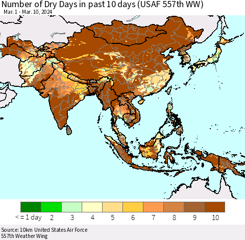 Asia Number of Dry Days in past 10 days (USAF 557th WW) Thematic Map For 3/6/2024 - 3/10/2024