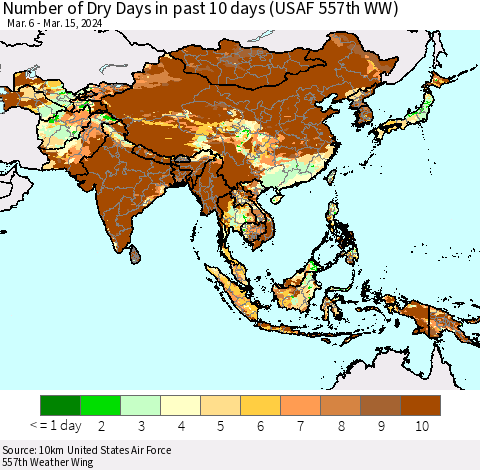 Asia Number of Dry Days in past 10 days (USAF 557th WW) Thematic Map For 3/11/2024 - 3/15/2024