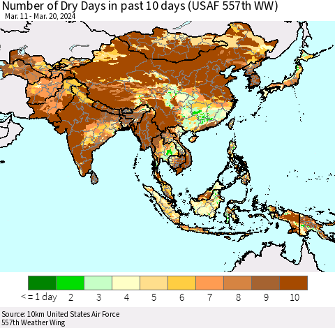 Asia Number of Dry Days in past 10 days (USAF 557th WW) Thematic Map For 3/16/2024 - 3/20/2024