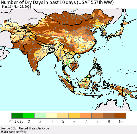 Asia Number of Dry Days in past 10 days (USAF 557th WW) Thematic Map For 3/21/2024 - 3/25/2024