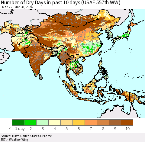 Asia Number of Dry Days in past 10 days (USAF 557th WW) Thematic Map For 3/26/2024 - 3/31/2024