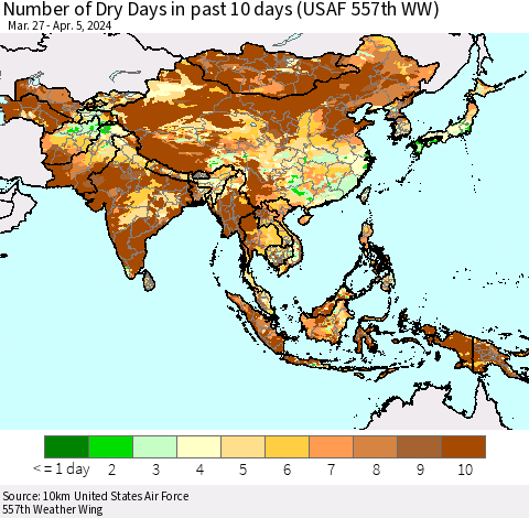 Asia Number of Dry Days in past 10 days (USAF 557th WW) Thematic Map For 4/1/2024 - 4/5/2024
