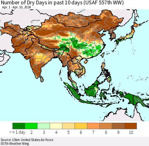 Asia Number of Dry Days in past 10 days (USAF 557th WW) Thematic Map For 4/6/2024 - 4/10/2024
