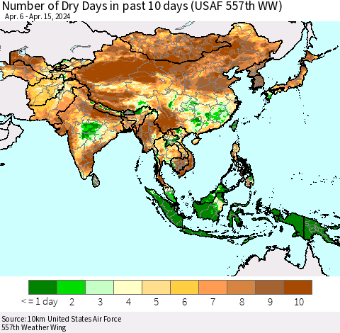 Asia Number of Dry Days in past 10 days (USAF 557th WW) Thematic Map For 4/11/2024 - 4/15/2024