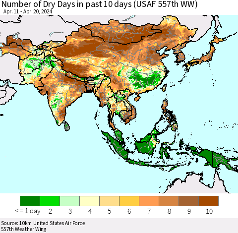 Asia Number of Dry Days in past 10 days (USAF 557th WW) Thematic Map For 4/16/2024 - 4/20/2024