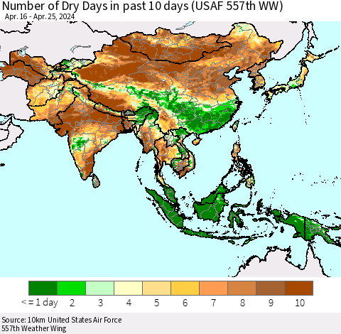 Asia Number of Dry Days in past 10 days (USAF 557th WW) Thematic Map For 4/21/2024 - 4/25/2024
