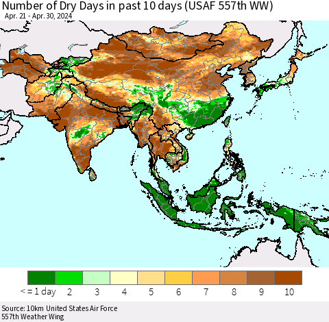Asia Number of Dry Days in past 10 days (USAF 557th WW) Thematic Map For 4/26/2024 - 4/30/2024