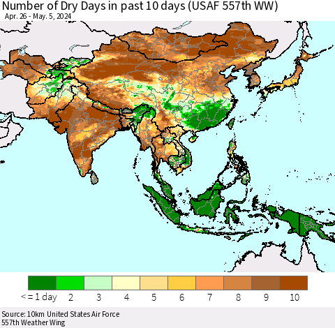 Asia Number of Dry Days in past 10 days (USAF 557th WW) Thematic Map For 5/1/2024 - 5/5/2024