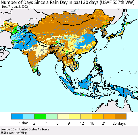 Asia Number of Days Since a Rain Day in past 30 days (USAF 557th WW) Thematic Map For 1/1/2022 - 1/5/2022