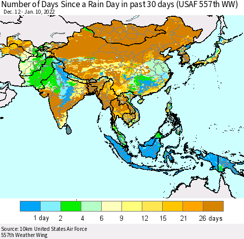 Asia Number of Days Since a Rain Day in past 30 days (USAF 557th WW) Thematic Map For 1/6/2022 - 1/10/2022