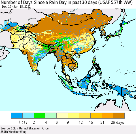 Asia Number of Days Since a Rain Day in past 30 days (USAF 557th WW) Thematic Map For 1/11/2022 - 1/15/2022