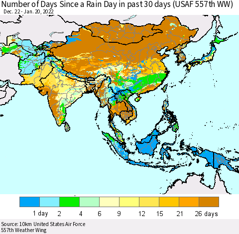 Asia Number of Days Since a Rain Day in past 30 days (USAF 557th WW) Thematic Map For 1/16/2022 - 1/20/2022