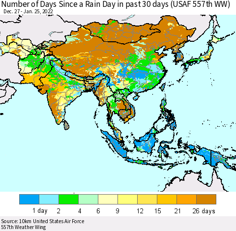 Asia Number of Days Since a Rain Day in past 30 days (USAF 557th WW) Thematic Map For 1/21/2022 - 1/25/2022