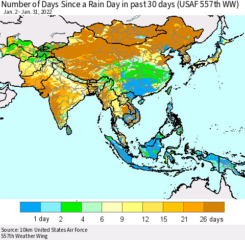 Asia Number of Days Since a Rain Day in past 30 days (USAF 557th WW) Thematic Map For 1/26/2022 - 1/31/2022