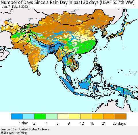 Asia Number of Days Since a Rain Day in past 30 days (USAF 557th WW) Thematic Map For 2/1/2022 - 2/5/2022