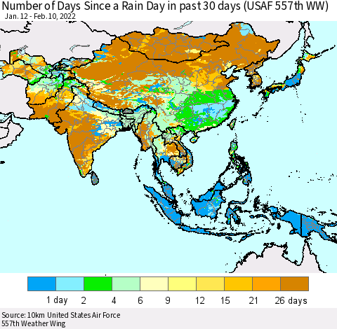 Asia Number of Days Since a Rain Day in past 30 days (USAF 557th WW) Thematic Map For 2/6/2022 - 2/10/2022