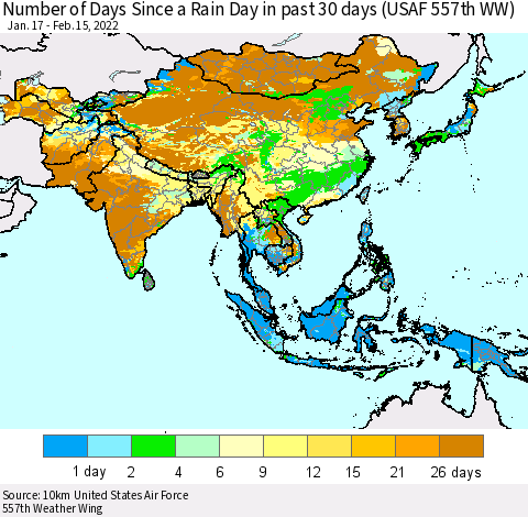 Asia Number of Days Since a Rain Day in past 30 days (USAF 557th WW) Thematic Map For 2/11/2022 - 2/15/2022