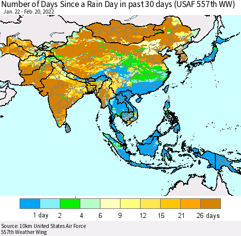 Asia Number of Days Since a Rain Day in past 30 days (USAF 557th WW) Thematic Map For 2/16/2022 - 2/20/2022