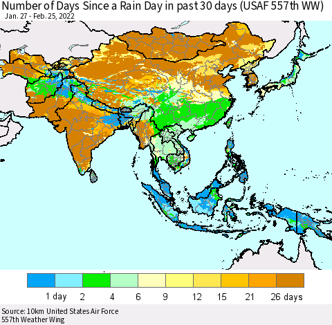 Asia Number of Days Since a Rain Day in past 30 days (USAF 557th WW) Thematic Map For 2/21/2022 - 2/25/2022