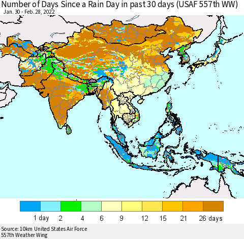 Asia Number of Days Since a Rain Day in past 30 days (USAF 557th WW) Thematic Map For 2/26/2022 - 2/28/2022
