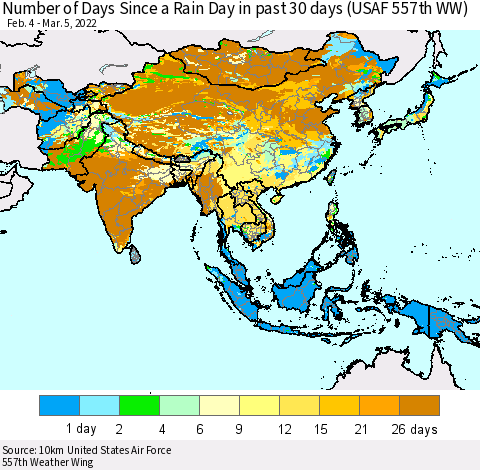 Asia Number of Days Since a Rain Day in past 30 days (USAF 557th WW) Thematic Map For 3/1/2022 - 3/5/2022