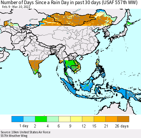 Asia Number of Days Since a Rain Day in past 30 days (USAF 557th WW) Thematic Map For 3/6/2022 - 3/10/2022