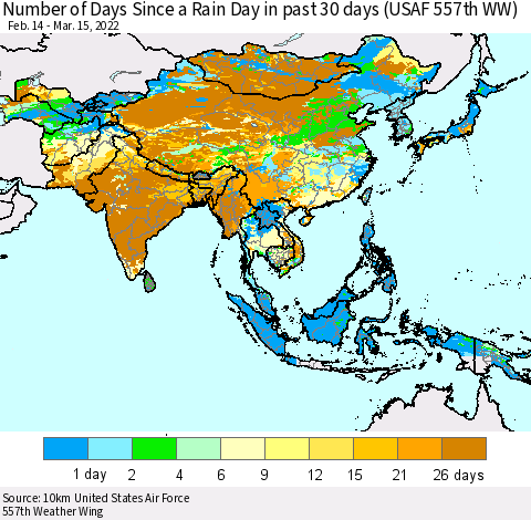 Asia Number of Days Since a Rain Day in past 30 days (USAF 557th WW) Thematic Map For 3/11/2022 - 3/15/2022