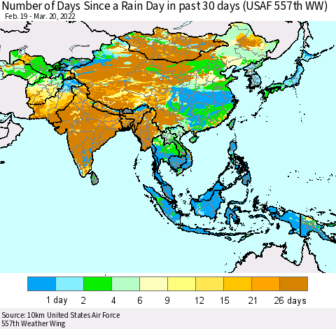 Asia Number of Days Since a Rain Day in past 30 days (USAF 557th WW) Thematic Map For 3/16/2022 - 3/20/2022