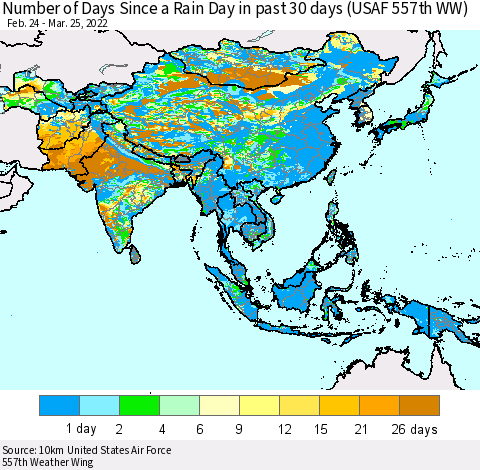 Asia Number of Days Since a Rain Day in past 30 days (USAF 557th WW) Thematic Map For 3/21/2022 - 3/25/2022