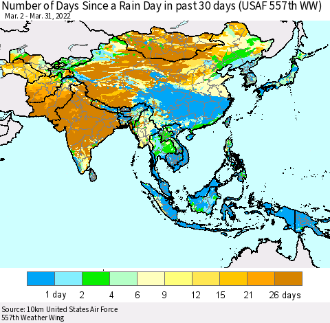 Asia Number of Days Since a Rain Day in past 30 days (USAF 557th WW) Thematic Map For 3/26/2022 - 3/31/2022