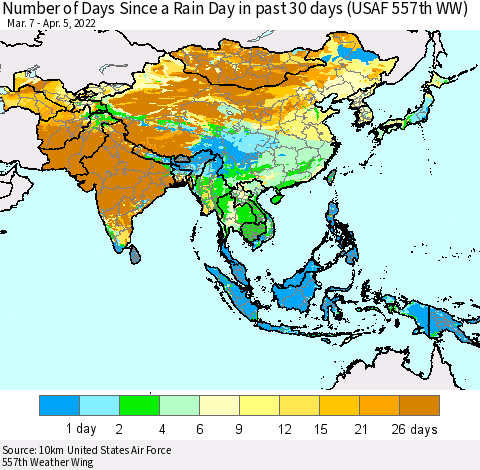 Asia Number of Days Since a Rain Day in past 30 days (USAF 557th WW) Thematic Map For 4/1/2022 - 4/5/2022