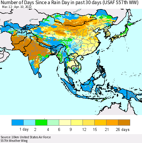 Asia Number of Days Since a Rain Day in past 30 days (USAF 557th WW) Thematic Map For 4/6/2022 - 4/10/2022