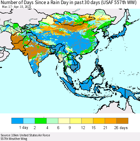 Asia Number of Days Since a Rain Day in past 30 days (USAF 557th WW) Thematic Map For 4/11/2022 - 4/15/2022