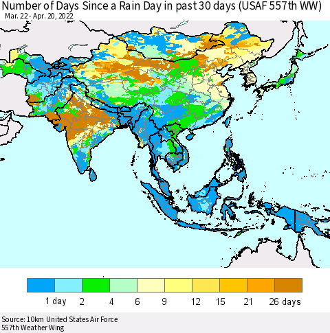 Asia Number of Days Since a Rain Day in past 30 days (USAF 557th WW) Thematic Map For 4/16/2022 - 4/20/2022