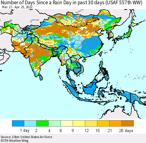 Asia Number of Days Since a Rain Day in past 30 days (USAF 557th WW) Thematic Map For 4/21/2022 - 4/25/2022