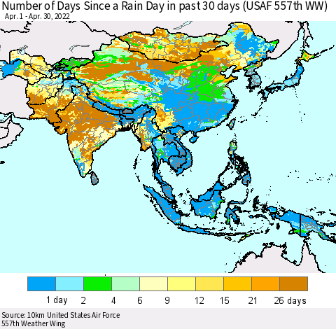 Asia Number of Days Since a Rain Day in past 30 days (USAF 557th WW) Thematic Map For 4/26/2022 - 4/30/2022
