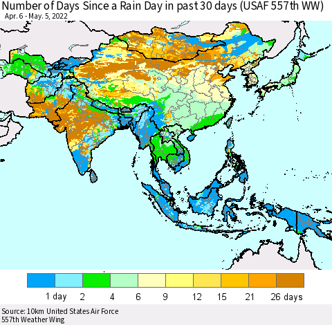 Asia Number of Days Since a Rain Day in past 30 days (USAF 557th WW) Thematic Map For 5/1/2022 - 5/5/2022