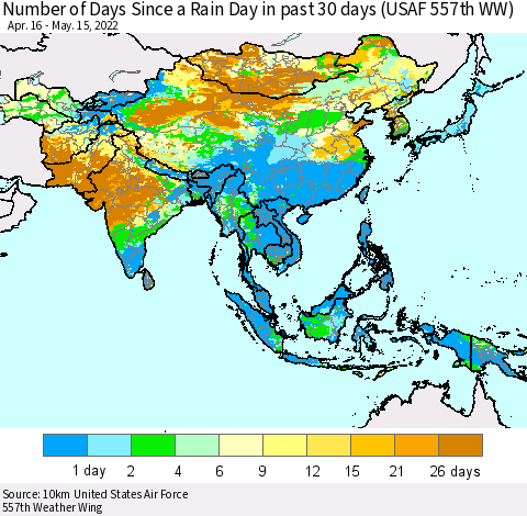Asia Number of Days Since a Rain Day in past 30 days (USAF 557th WW) Thematic Map For 5/11/2022 - 5/15/2022