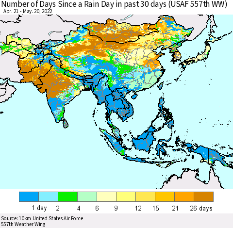 Asia Number of Days Since a Rain Day in past 30 days (USAF 557th WW) Thematic Map For 5/16/2022 - 5/20/2022