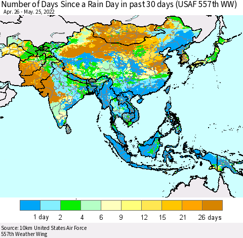 Asia Number of Days Since a Rain Day in past 30 days (USAF 557th WW) Thematic Map For 5/21/2022 - 5/25/2022