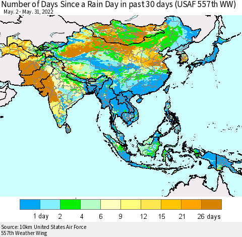 Asia Number of Days Since a Rain Day in past 30 days (USAF 557th WW) Thematic Map For 5/26/2022 - 5/31/2022